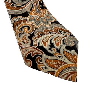 Perry Ellis Tie Silk Orange Paisley Pattern Business Casual Hand Made Necktie